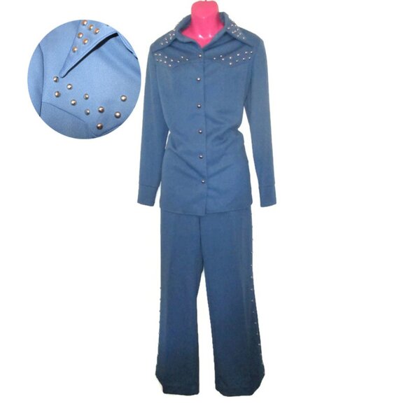1970s vintage blue disco stud western leisure suit set size large